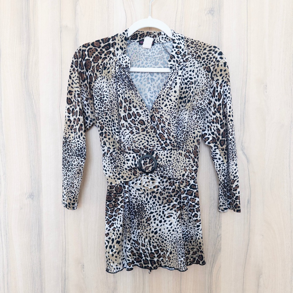 Y2K Cocomo Womens Leopard Print Top Size M Belted 3/4 Sleeve Mob Wife Retro Glam